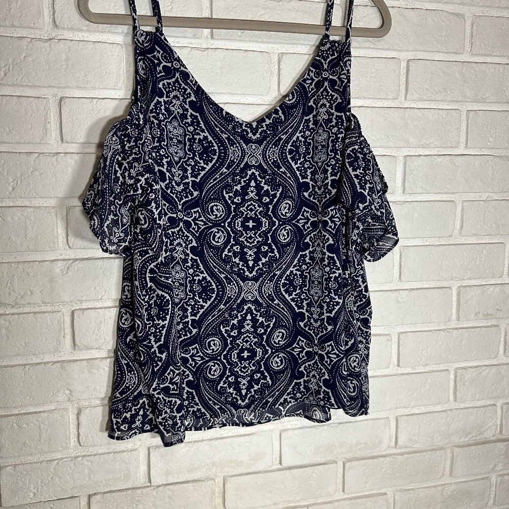 Reitmans Cold Shoulder Top | Lined | Handkerchief Print | Navy | XXL